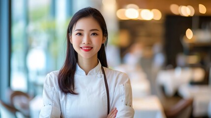 Obraz premium Confident Young Female Chef in Modern Restaurant Kitchen with Arms Crossed and Bright Smile