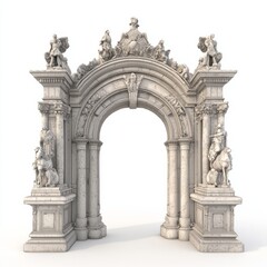 Obraz premium 3D Render of a stone gateway with statues and ornate carvings, on isolated white background