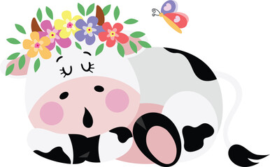 Cute cow sleeping with wreath floral on head