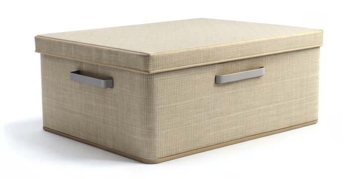 A rectangular clothing storage box with a removable lid, standing alone on a pristine white background in a