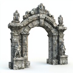 Obraz premium 3D Render of a stone gateway with statues and ornate carvings, on isolated white background