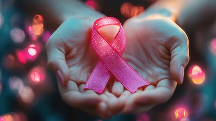 A pair of hands gently holds a pink ribbon, symbolizing awareness and support for breast cancer initiatives and health movements.