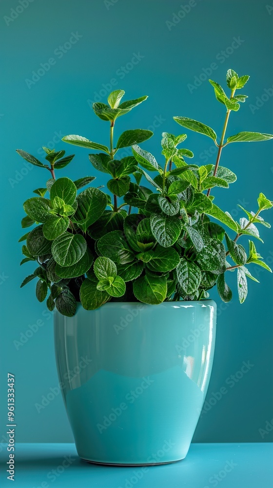 Wall mural a potted mint plant with lush green leaves against a vibrant blue background.