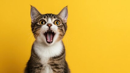 Portrait cute cat expression screaming on bright yellow background