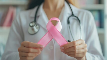 A healthcare professional holding a pink ribbon symbolizing awareness for breast cancer, promoting health and education.