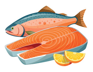 Two fresh salmon steaks lying on top of each other with parsley