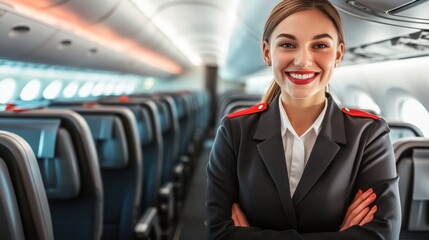 Smiling Flight Attendant in Uniform Standing in Airplane Cabin with Folded Arms