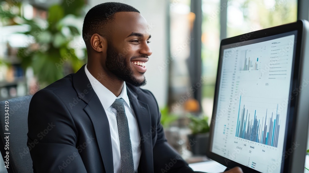 Aufkleber business professional analyzing data on computer in modern office environment