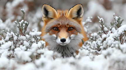 Obraz premium A majestic red fox peeking through a snowy landscape, showcasing its vibrant fur and keen eyes amidst the winter scenery.