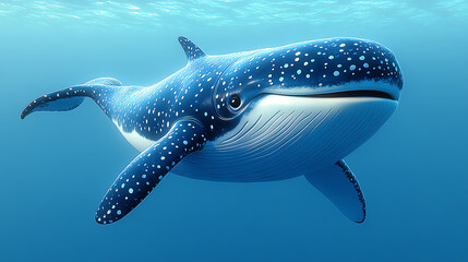 Fototapeta premium A majestic whale swimming gracefully in the ocean, showcasing its distinctive spotted pattern and serene underwater environment.