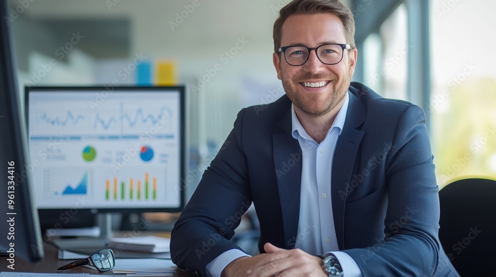 Aufkleber confident businessman in modern office with data analytics on computer screen