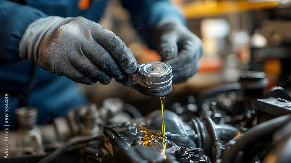Poster mechanic checking oil levels in an engine with gloves on.