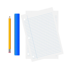 School equipment. Writing text on paper. Work table. Vector illustration