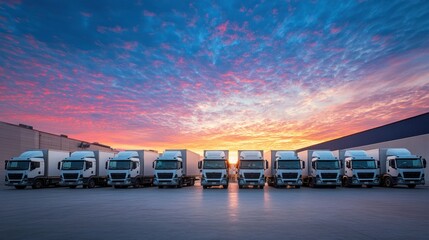 Close up fleet of trucks parked in front of warehouse to delivering factory goods
