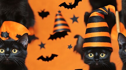 Black cats with orange and black striped witch hats in a playful Halloween pattern, sitting on broomsticks with flying bats and stars in the background, vibrant and fun, hd quality, natural look.