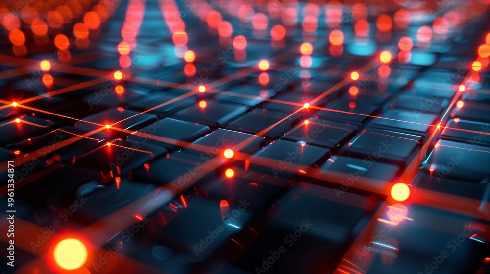 Wall mural abstract network with red glowing points