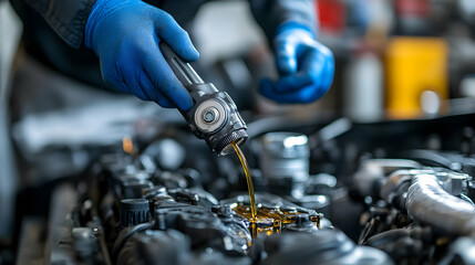 Mechanic pouring oil into an engine for maintenance.