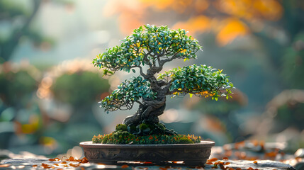 Bonsai Tree in a Pot with Green Leaves and a Blurred Background