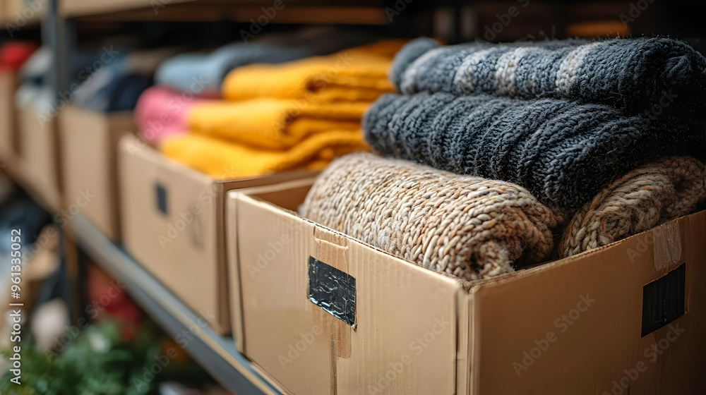 Poster organized boxes of neatly folded blankets in a storage area.