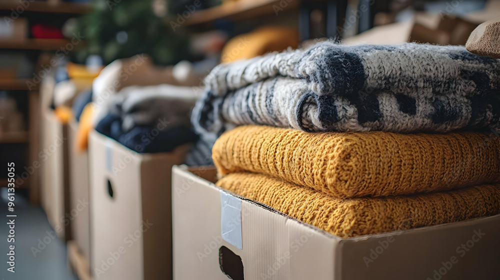Poster neatly stacked sweaters in cardboard boxes for storage.