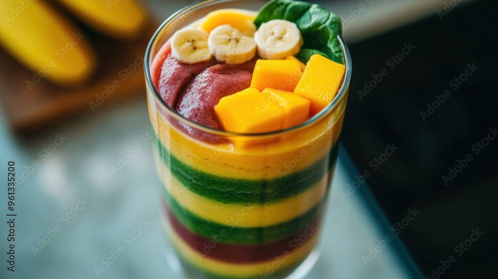 Wall mural A colorful layered smoothie in a glass, topped with banana slices and mango, showcasing vibrant fruits.