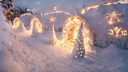 A snow-covered igloo village with twinkling lights, illuminated against a night sky, A magical igloo village with twinkling lights and snow sculptures