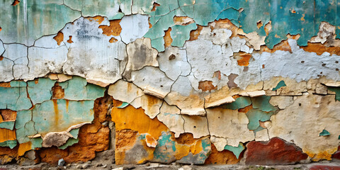 Time-Worn Hues: A tapestry of aged paint peels from the wall, revealing layers of history in its cracked facade. 