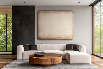 Minimalist Scandinavian living room corner with textiles, wooden furniture and natural lighting. Elegant interior design composition with copyspace