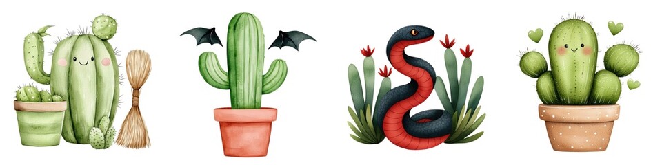 Obraz premium A whimsical illustration featuring various cacti, a snake, and charming pots, perfect for nature and home decor themes.
