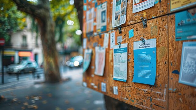 A close-up of a community notice board with flyers for upcoming events and activities, with a minimalist background and plenty of copy space for flyer content