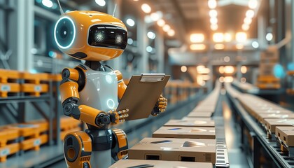 a robot floorman with a clipboard quality checking a factory assembly line