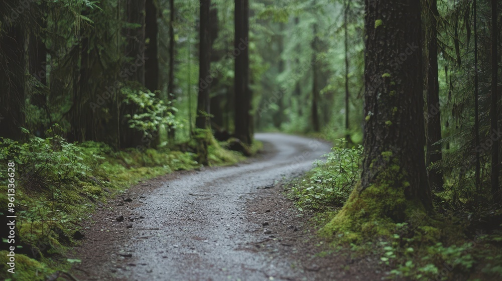 Poster winding forest path with moss covered trees