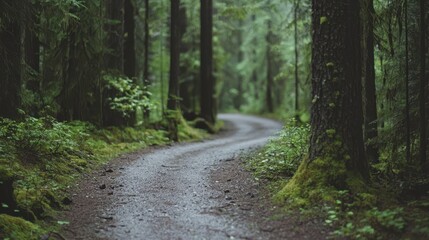 Fototapeta premium Winding Forest Path with Moss Covered Trees
