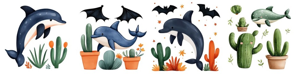 Fototapeta premium Whimsical illustration featuring playful dolphins, cacti, and bats in a colorful aquatic theme.