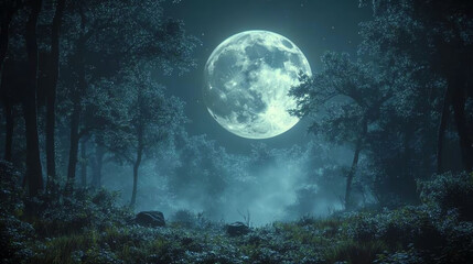 Fototapeta premium A serene scene of a full moon illuminating a misty forest at night, creating an ethereal atmosphere in nature.
