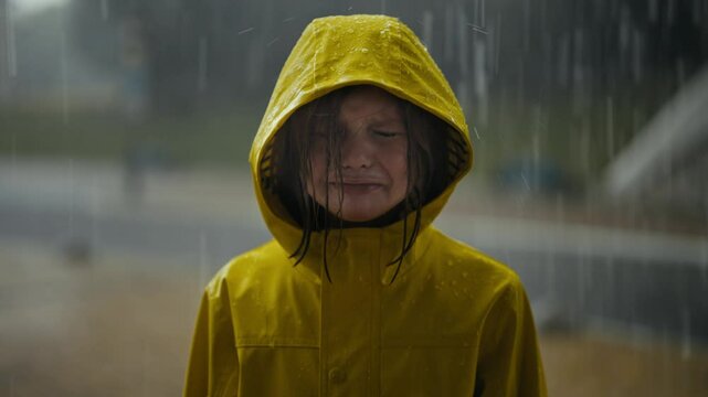 Portrait of a sad teenage girl in a yellow jacket standing in the rain and crying in rainy weather on the street