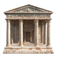 Obraz premium 3D Render of an ancient stone temple with columns and carvings, on isolated white background