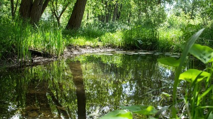 Obraz premium Tranquil Forest Stream Reflection Lush Greenery Sunlit Woodland