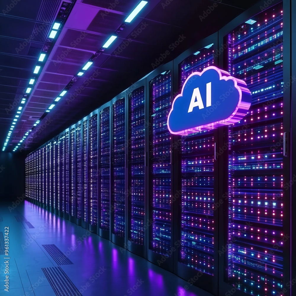 Aufkleber ai logo in a server room cloud computing, data storage, and artificial intelligence.