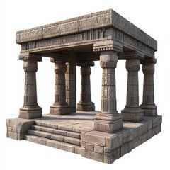 Fototapeta premium 3D Render of an ancient stone temple with columns and carvings, on isolated white background