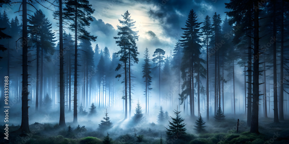 Poster enchanted forest: a mystical and ethereal forest bathed in the soft light of dawn, with fog swirling