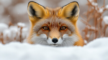 Obraz premium A stunning portrait of a fox peeking through the snow, showcasing its beautiful coat and expressive eyes in a winter setting.