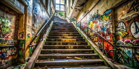 Urban Graffiti Stairway: A vibrant and colorful urban landscape, featuring a concrete staircase...