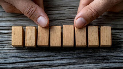 Two hands adjusting wooden blocks on a rustic surface.