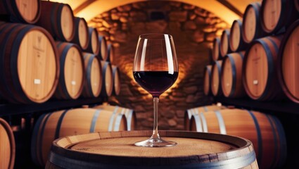 Glass of Red Wine with Old Wine Barrels in Cellar