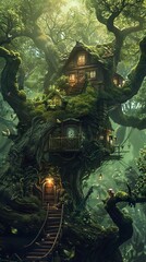 Fototapeta premium A whimsical treehouse nestled in a lush forest, with a winding staircase leading up to its entrance.