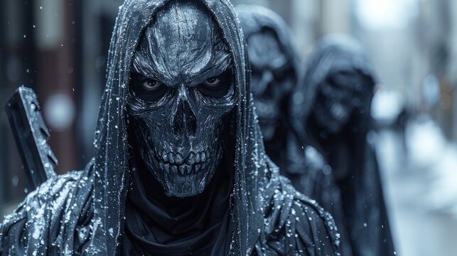 Grim reaper figures with skeletal faces in black cloaks in a snowy alley - Powered by Adobe