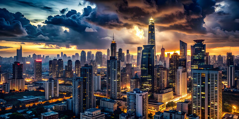 Obraz premium Shenzhen's Golden Hour: A breathtaking panorama captures the vibrant cityscape of Shenzhen, China, as the sun dips below the horizon, painting the sky in hues of gold and purple. 