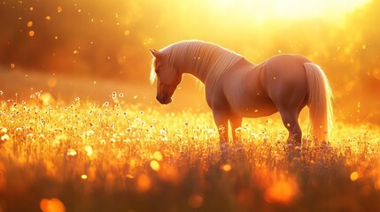 A majestic horse stands tall in a golden field as the sun sets, casting a warm glow over the scene. The horse's sleek coat glistens in the fading light