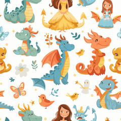 a child's pattern with a princess and a dragon. suitable for printing bed linen, fabric, wrapping paper.